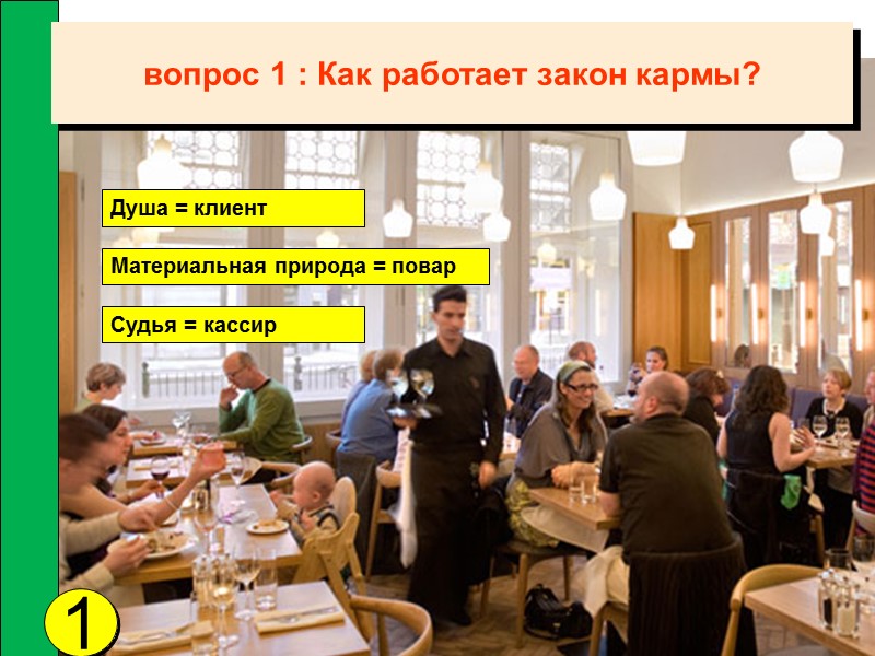 1 вопрос 1 : Как работает закон кармы? Душа = клиент Материальная природа =